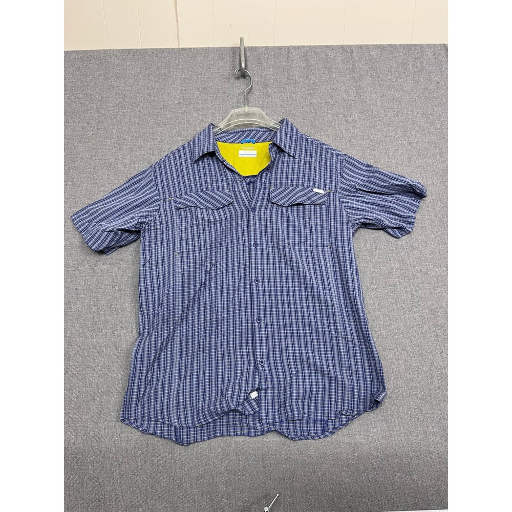 Columbia Mens Omni-Shade Plaid Short Sleeve Fishing Shirt Blue Yellow Large L